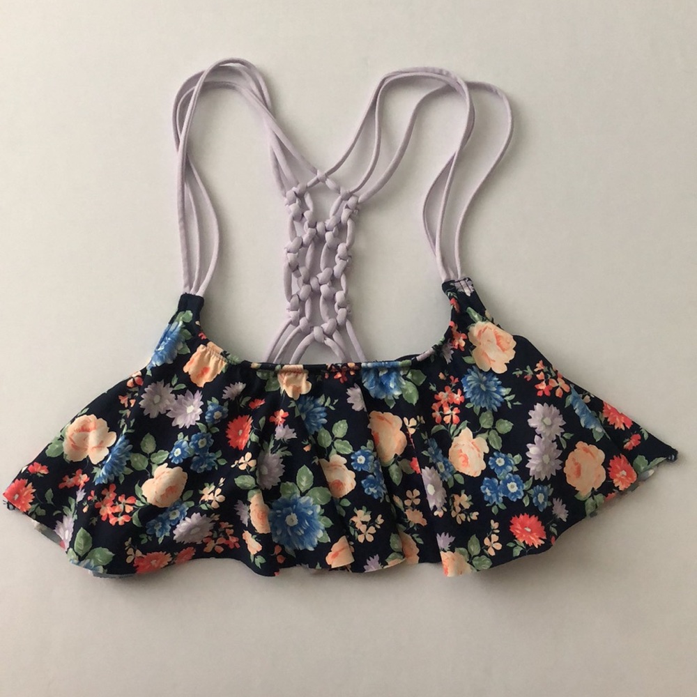 Abercrombie & Fitch Navy Blue Floral Flounce Bikini Top in Size Extra Small